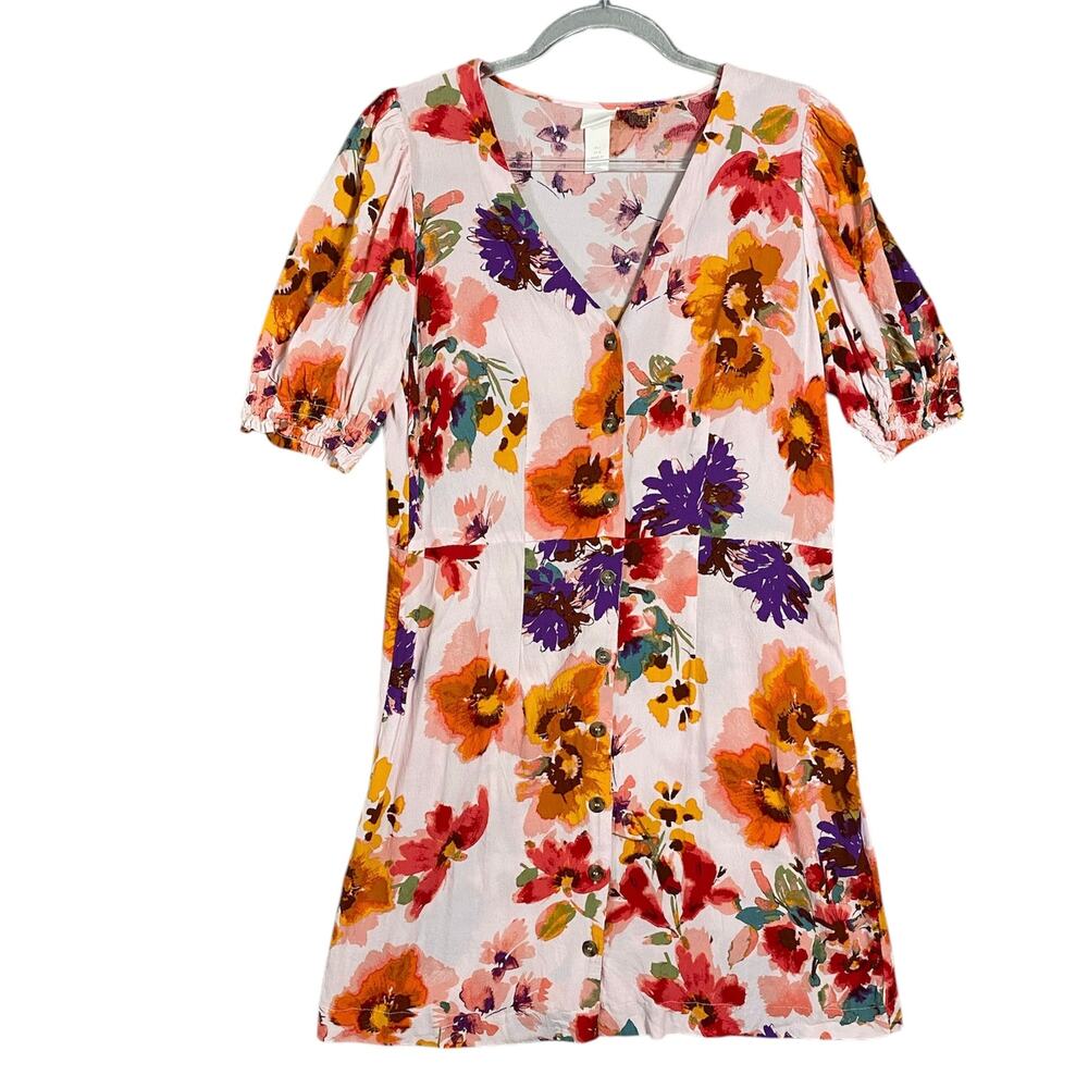 Women's Floral Puff Short Sleeve Button Down Summer Spring Shirt Dress Large